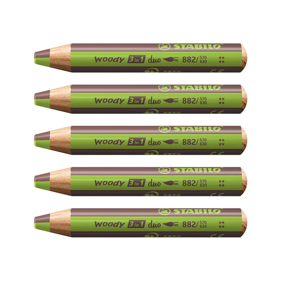 Stabilo | Multi-Talented Pencil | Woody 3 In 1 Duo | Light Green/Brown | Pack of 5