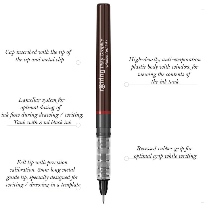 Rotring Tikky Graphic Pigment Liner 0.1mm &amp; 0.3mm Pens - 2 Each With Black Pigmented Ink, Fibre Tip, 4 Pen Set for Art Drawings Mandala Calligraphy Outline Art &amp; Craft