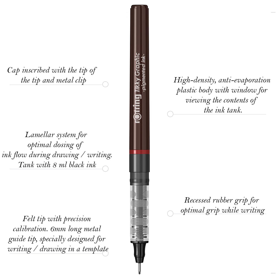 Rotring 0.1mm Line Thickness Tikky Graphic Fineliner with Black Pigmented Lightfast And Water Resistant Ink For Long Life Drawings, Sketching, Non-Refillable, 4 Pen Set