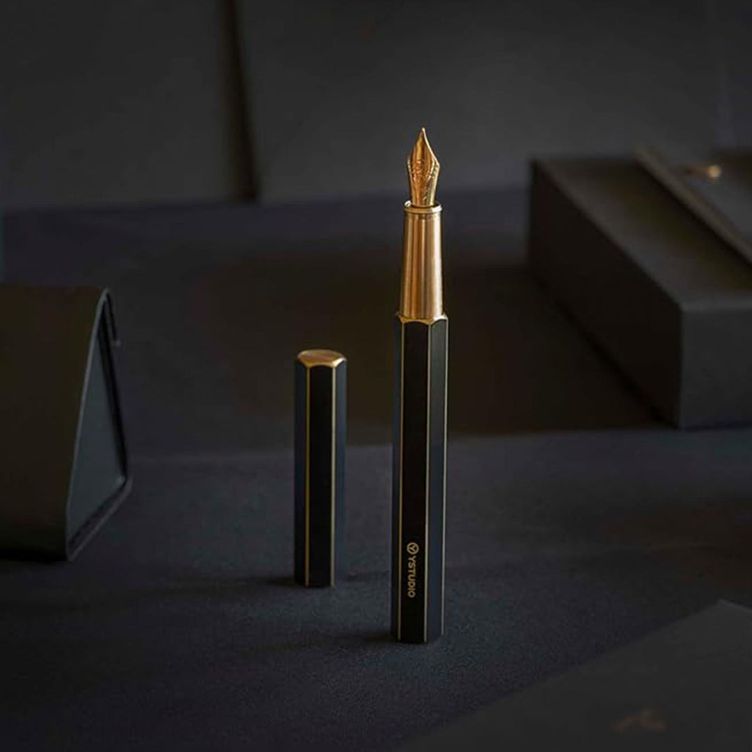 Ystudio Classic Revolve Fountain Pen - Black Hexogon | Medium Nib