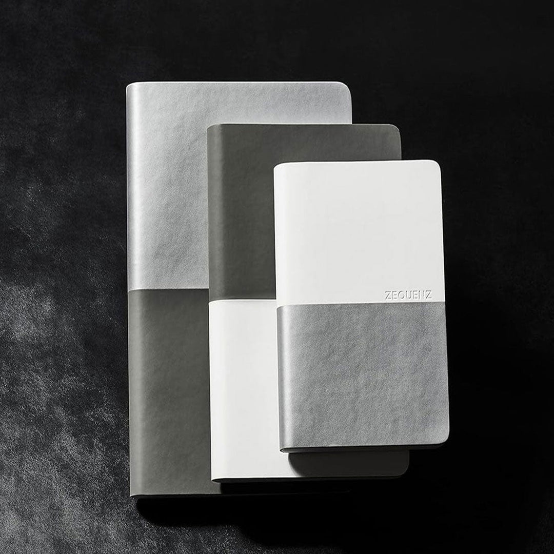 Zequenz A6 Size Grey White Notebook Squared &amp; Blank Acid Free Paper 200 Pages each Ruling 400 Pages 70GSM 360 Degree Flexibility 100% Handmade PU and White paper Basic Plus Series